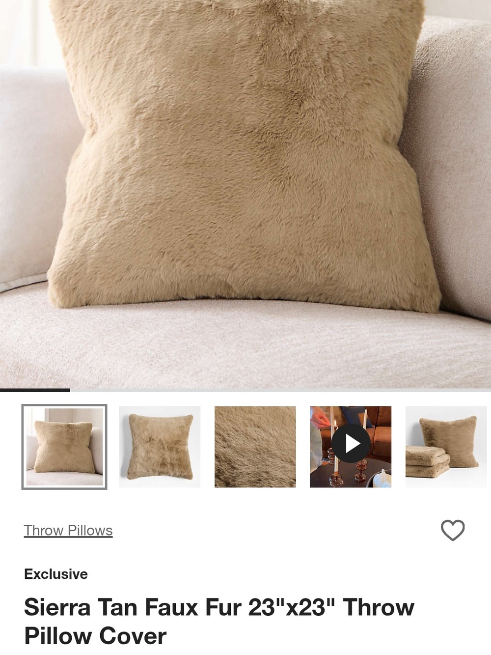 Crate & Barrel Sierra Tan Faux Fur Throw Pillow Cover, & Parachute Insert.
